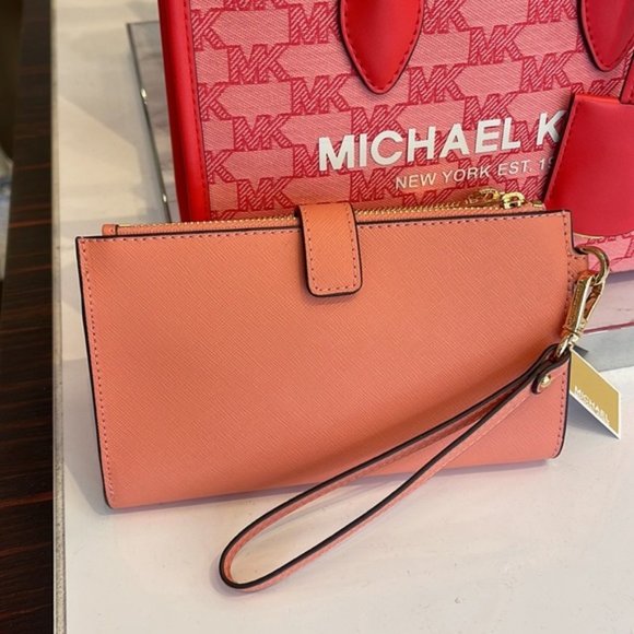 Michael Kors Jet Set Travel Leather Large Double Zip Wallet Wristlet Sherbert - Picture 4 of 16